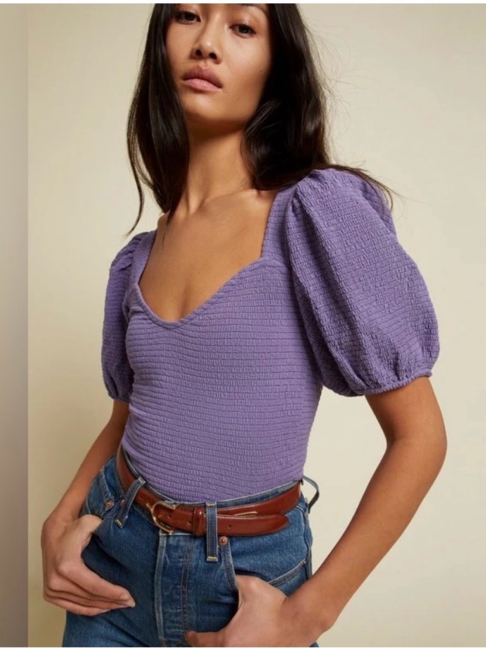 Nation LTD Purple Smocked Scoop Neck Puff Sleeve Top
